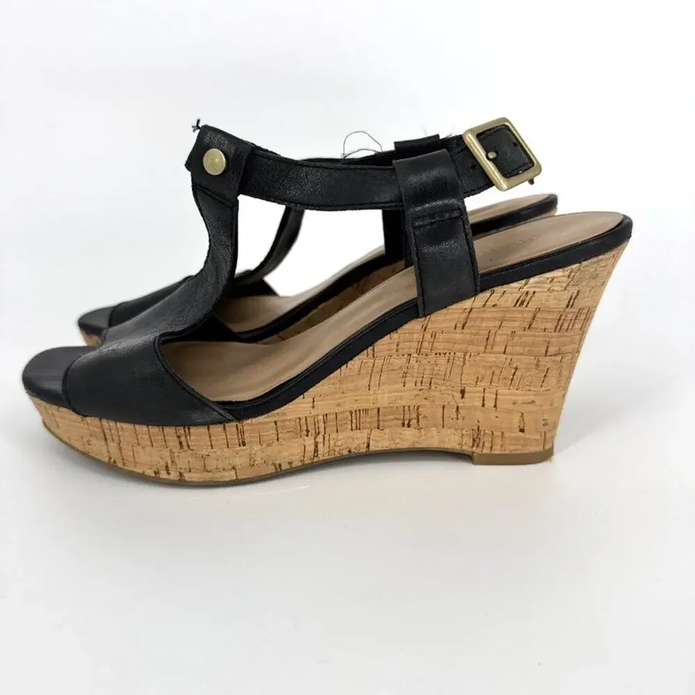 Franco Sarto Corridor Leather‎ T-Strap Cork Wedge Sandals Black Size 7.5